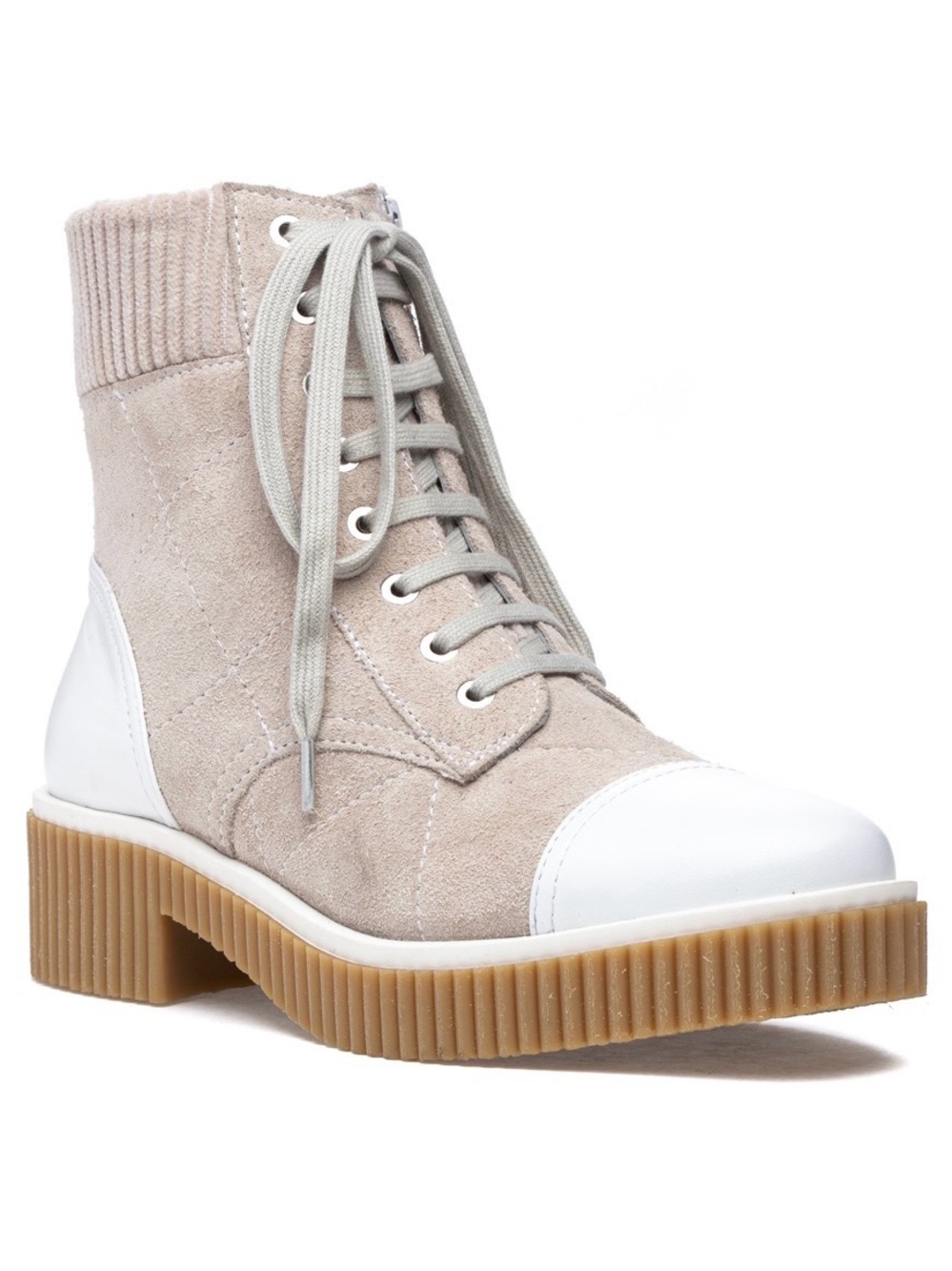 Suede Lace-Up Ankle Boot in Beige and White
